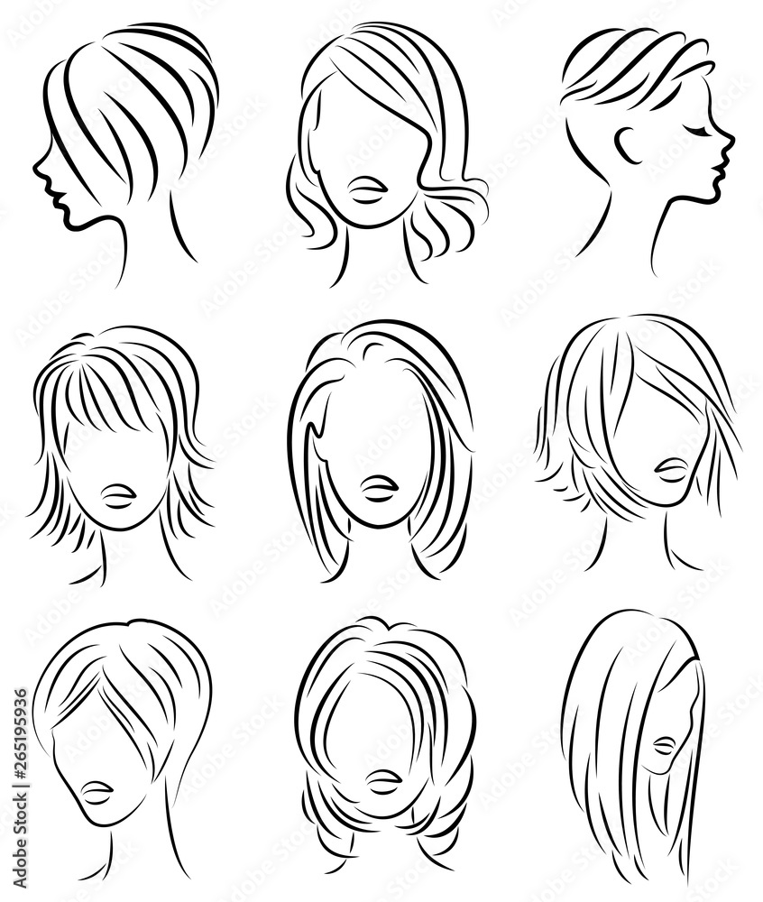 Collection. Silhouette profile of a cute lady's head. The girl shows her hairstyle for medium and long hair. Suitable for logo, advertising. Vector illustration set Collection. Silhouette profile of a cute lady's head. The girl shows her hairstyle for medium and long hair. Suitable for logo, advertising. Vector illustration set