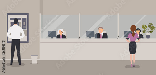 Bank office interior:Bank clerks sit behind barrier with glass, ATM or cash machine,bin.Elegant interior financial institution. Hall with bank counter with plant monstera in pot. Vector illustration