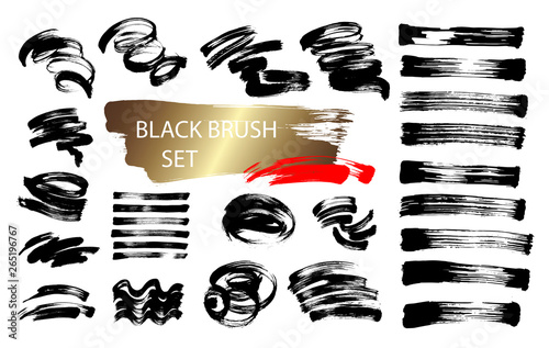 set of 24 black ink hand drawing brushes collection isolated on white