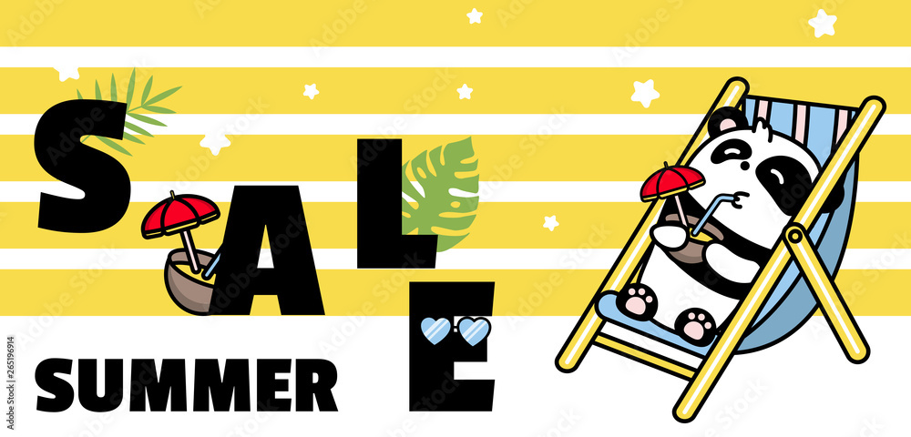 Kawaii Panda is an animal on a summer vacation drinking a coconut cocktail in a hammock. Vector banner and background with stripes Kawaii Panda is an animal on a summer vacation drinking a coconut cocktail in a hammock. Vector banner and background with stripes