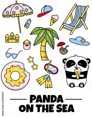 A set stickers of little cute panda on a summer holiday. Beach party. Vector flat color illustration in linear style on white background. Kawai bear.