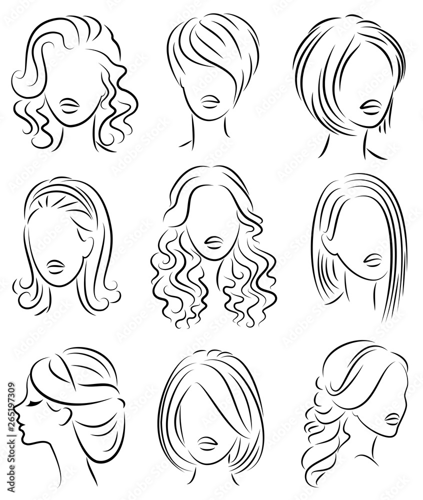 Collection. Silhouette profile of a cute lady's head. The girl shows her hairstyle for medium and long hair. Suitable for logo, advertising. Vector illustration set Collection. Silhouette profile of a cute lady's head. The girl shows her hairstyle for medium and long hair. Suitable for logo, advertising. Vector illustration set