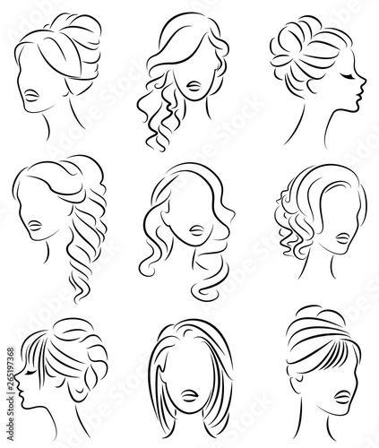 Collection. Silhouette profile of a cute lady's head. The girl shows her hairstyle for medium and long hair. Suitable for logo, advertising. Vector illustration set