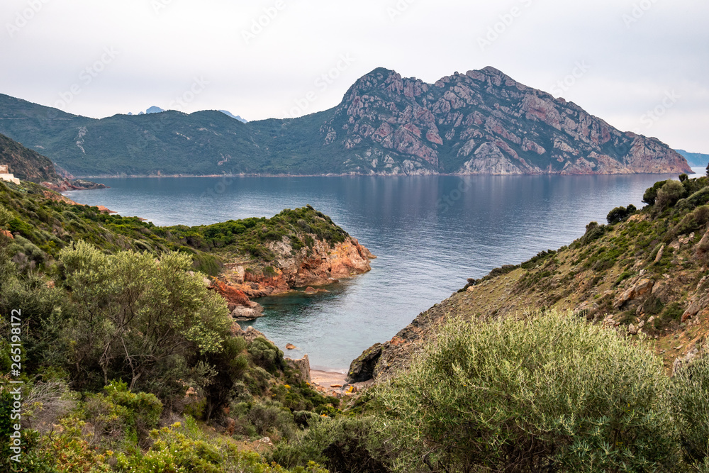 path from Galeria to Girolata with red cliffs. panorama of Scandola Nature Reserve a Natural World Heritage Site, Corsica Regional Park, France