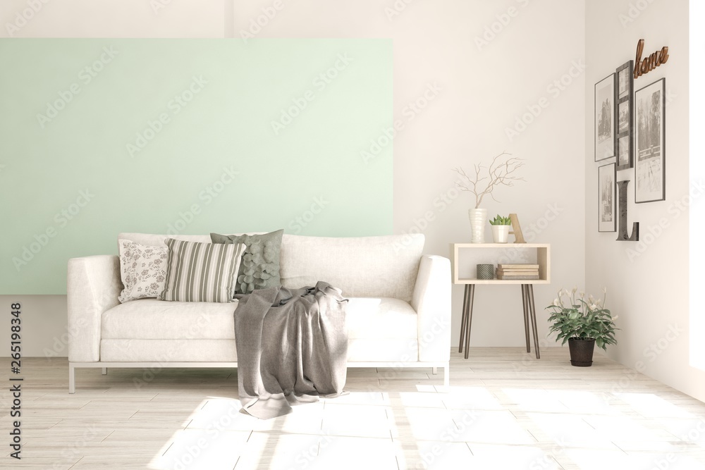 Obraz premium Stylish room in white color with sofa. Scandinavian interior design. 3D illustration