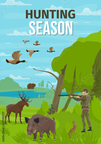 Hunt open season animals, hunter in forest