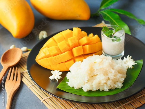 Mango sticky rice, famous Thai dessert for the summer season.