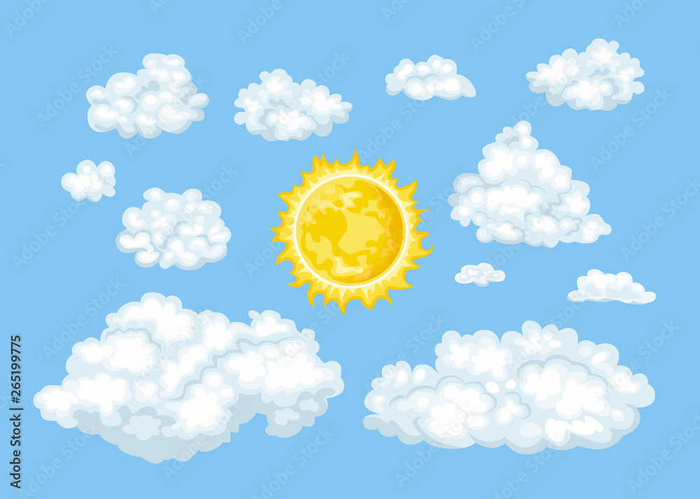 Cartoon clouds of different shapes and sun set. Vector illustration of  cloudy blue sky in flat simple style. Stock Vector | Adobe Stock