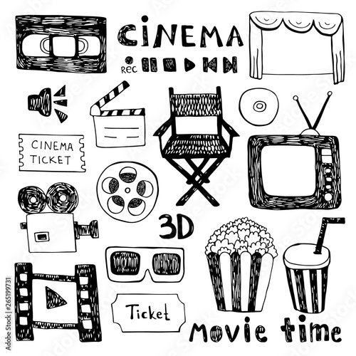 Hand drawn colorful vector illustrations - Cinema collection. Movie and film elements in sketch style.