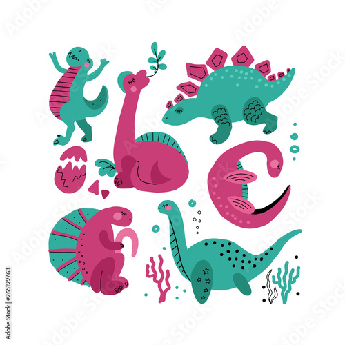 Set of 5 Cute dinosaur color hand drawn vector characters. Dino flat handdrawn clipart. Sketch jurassic reptile. Brachiosaurus. Tyrannosaurus. Isolated cartoon illustration for kids game book  t-shirt