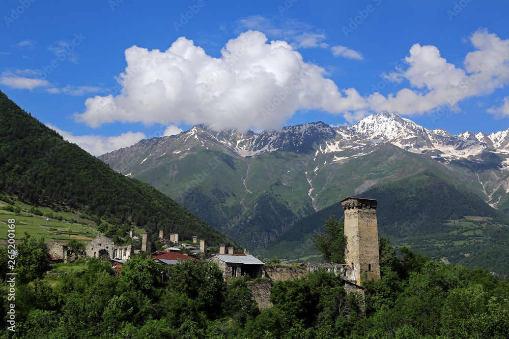 View of the Svan towers of the village of Mestia in the Upper Svaneti region, Georgia.