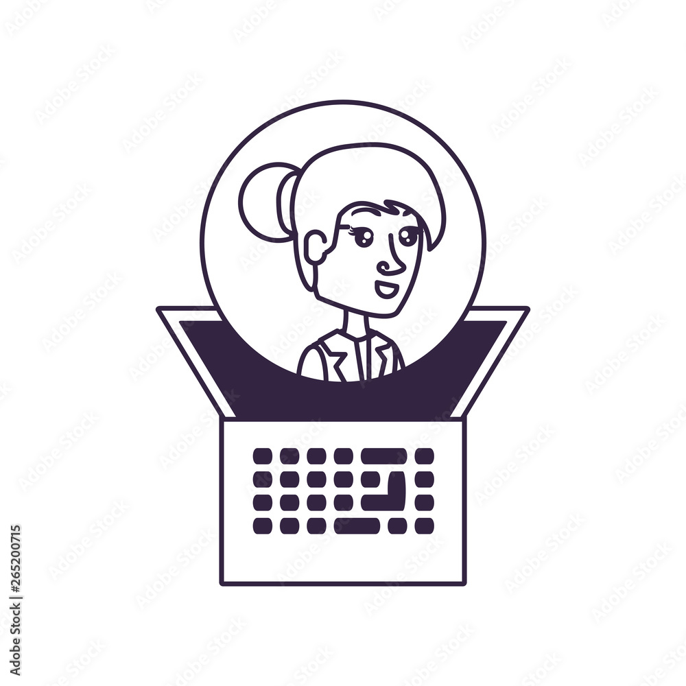 business woman in frame circular with laptop computer business woman in frame circular with laptop computer