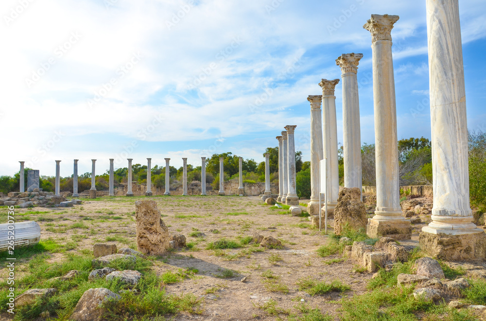 Amazing Salamis ruins in Northern Cyprus taken on a sunny day with blue sky and clouds above. Salamis was ancient Greek city-state.