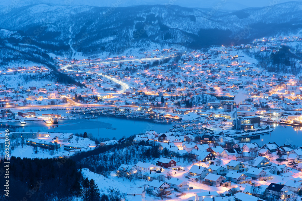 Aerial view of Harstad city the small harbour of Norwegian at twilight in winter season, Norway