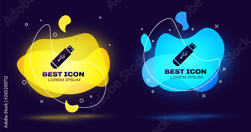 Black USB flash drive icon isolated on blue background. Set of liquid color abstract geometric shapes. Vector Illustration