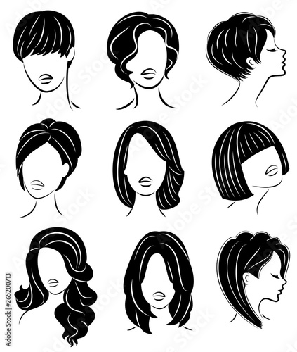 Collection. Silhouette profile of a cute lady's head. The girl shows her hairstyle for medium and long hair. Suitable for logo, advertising. Vector illustration set