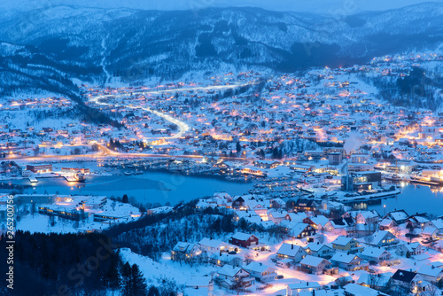 Aerial view of Harstad city the small harbour of Norwegian at twilight in winter season, Norway photo