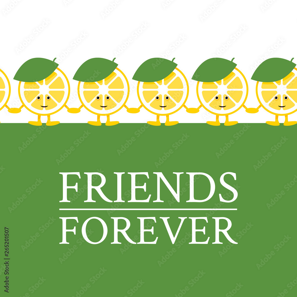 Fototapeta premium Seamless pattern with cute cartoon lemon holding hands. Background for different design. Refer a friend