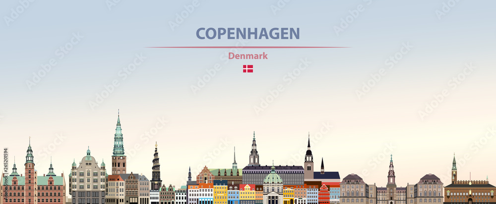 Vector illustration of Copenhagen city skyline on colorful gradient beautiful daytime background