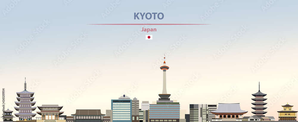 Naklejka premium Ilustracja wektorowa panoramę miasta Kioto na kolorowe gradientowe piękne tło dzienne