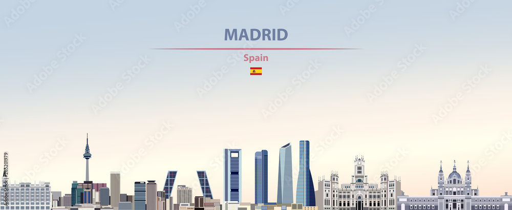 Fototapeta premium Vector illustration of Madrid city skyline on colorful gradient beautiful daytime background