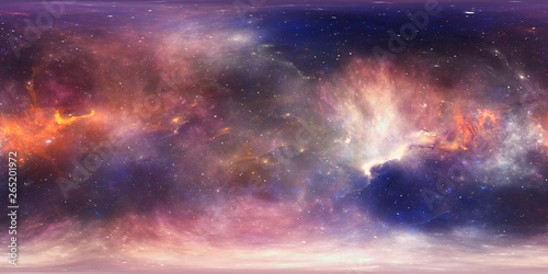 Fototapeta Naklejka Na Ścianę i Meble -  360 degree space nebula panorama, equirectangular projection, environment map. HDRI spherical panorama. Space background with nebula and stars