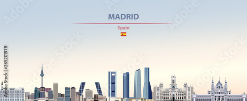 Vector illustration of Madrid city skyline on colorful gradient beautiful daytime background