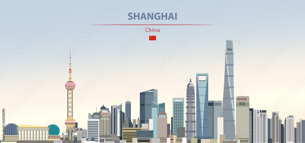 Naklejka premium Ilustracja wektorowa panoramę miasta Szanghaju na kolorowe gradientowe piękne tło dzienne
