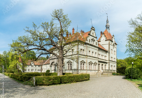 Spring day view of castle-palace of the Count Schonborn near Mukachevo, Zakarpattia region, Ukraine.