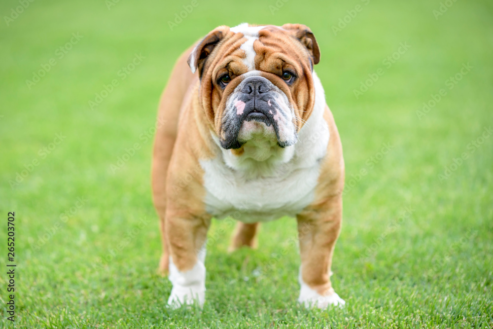 Male of English bulldog posing outdoor,selective focus