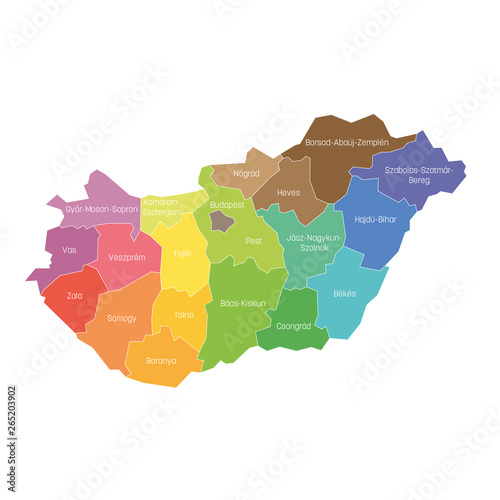 Counties of Hungary. Map of regional country administrative divisions. Colorful vector illustration