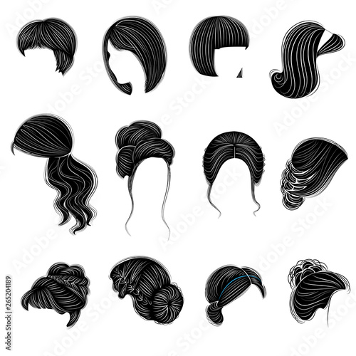 Collection of female hairstyles for short, long and medium hair. Hairstyles are fashionable, beautiful and stylish. For brunettes, blondes and brown-haired. Vector illustration set
