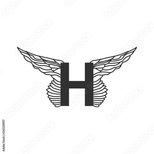Elegant dynamic letter H with wings. Linear design. Can be used for any transportation service or in sports areas. Vector illustration isolated on white background