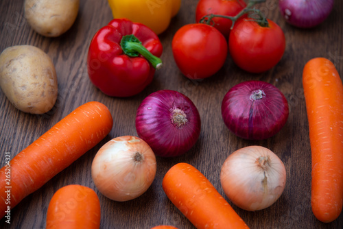top view vegetables on wood...