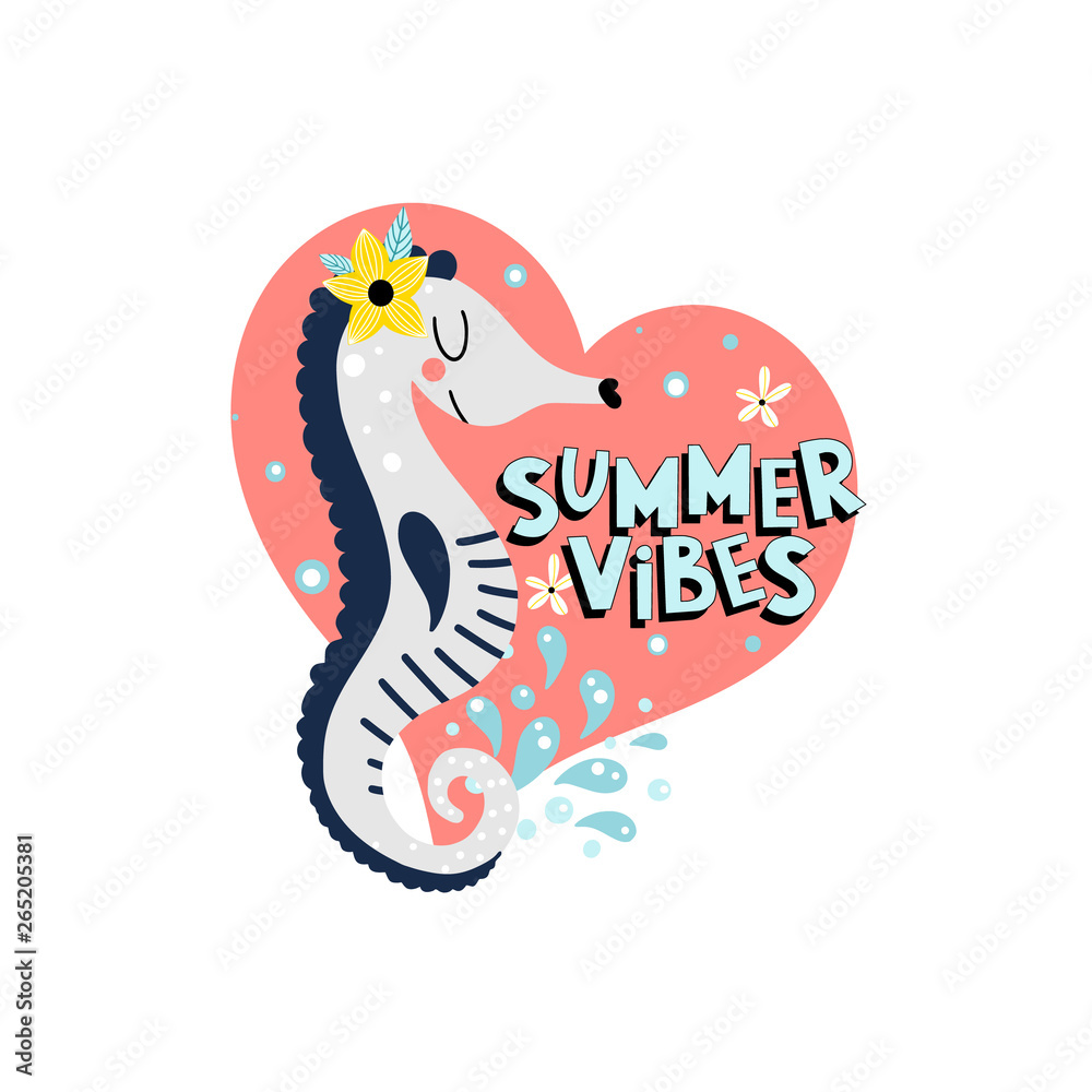Fototapeta premium Funny seahorse and text childish illustration