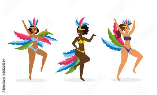 set cute girls dancers with costume and feathers