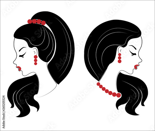 Collection. Silhouette profile of a cute lady's head. The girl shows her hairstyle for medium and long hair. Suitable for logo, advertising. Vector illustration set