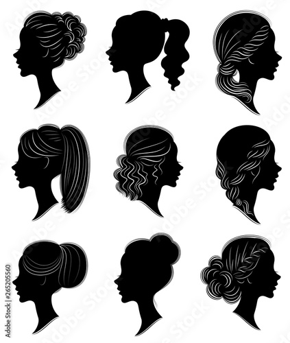 Collection. Silhouette of a head of a sweet lady in different frames. The girl shows a woman's hairstyle on medium and long hair. Suitable for logo, advertising. Set of vector illustrations