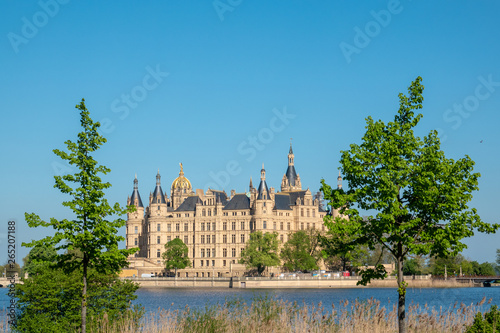 the Schwerin castle in spring in the most beautiful weather before blue sky