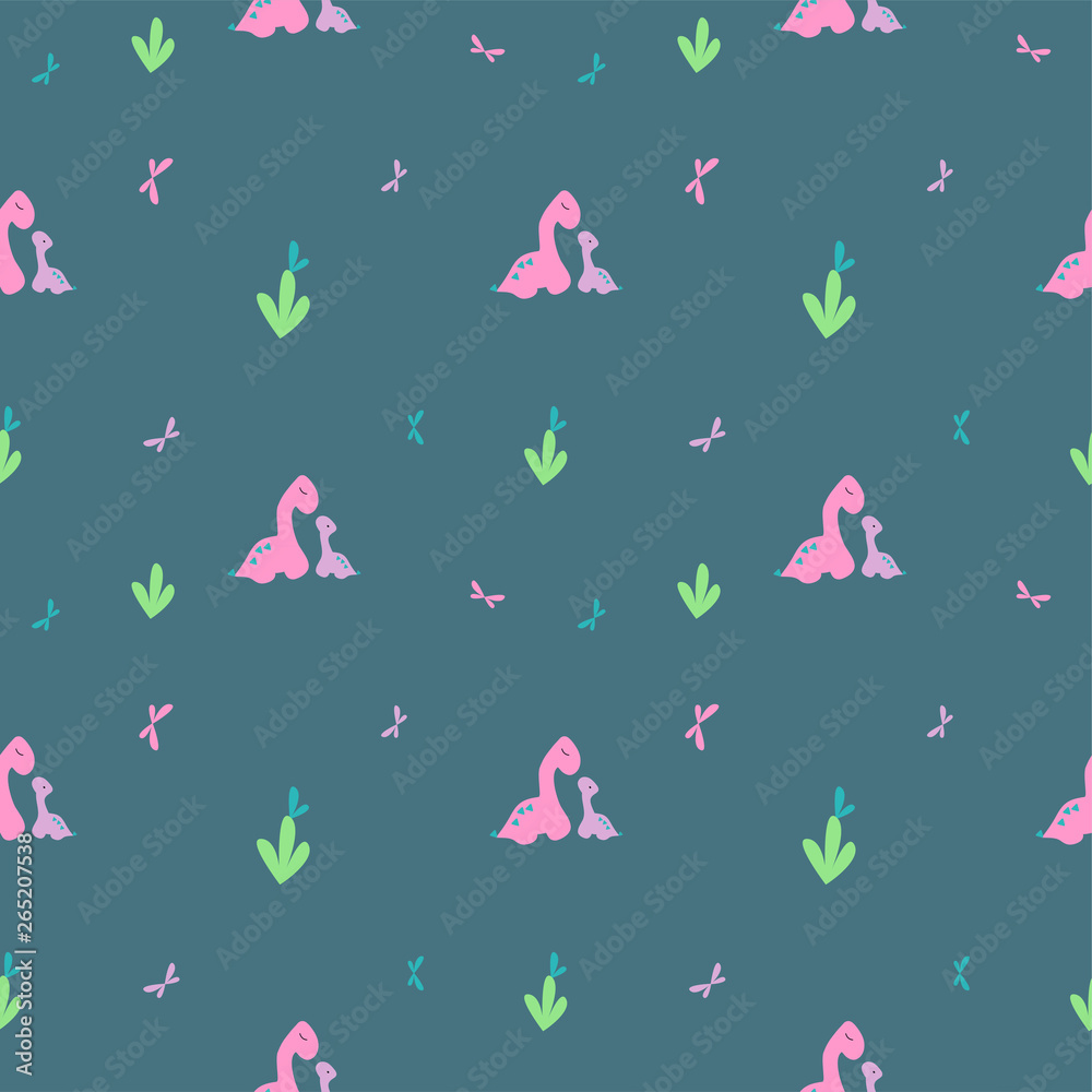 Gentle dino pattern. Pink big, purple little dinosaur and butterflies. Print tile for textiles, clothing. Backdrop blog or banner. Prehistoric animals in the Scandinavian style. Vector illustration.