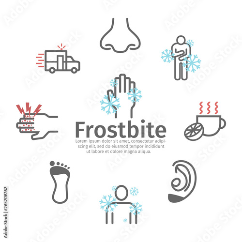 Frostbite banner. Symptoms, Line icons set. Vector signs for web graphics.