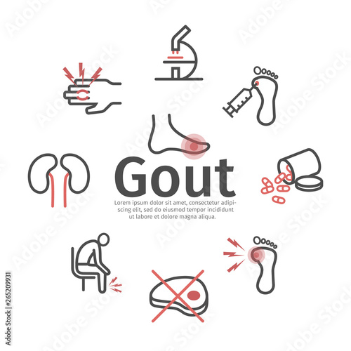 Gout banner. Symptoms  Treatment. Vector signs for web graphics.