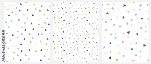 Set of 3 Geometric Seamless Vector Pattern with Blue, Gold and Gray Dots, Triangles, Stars Isolated on a White Background. Simple Lovely Confetti Rain. Bright Starry Layout. Cute Doted Vector Design.