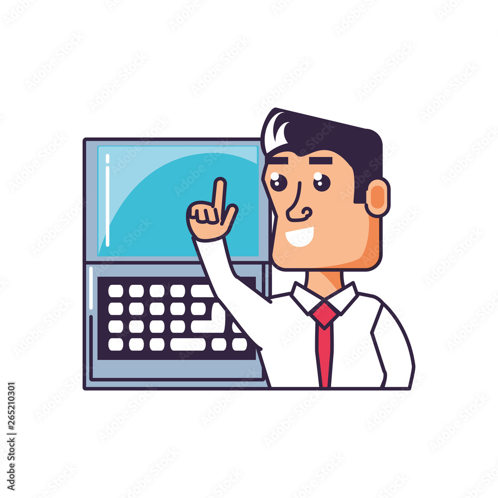 businessman elegant with hand up and laptop computer businessman elegant with hand up and laptop computer