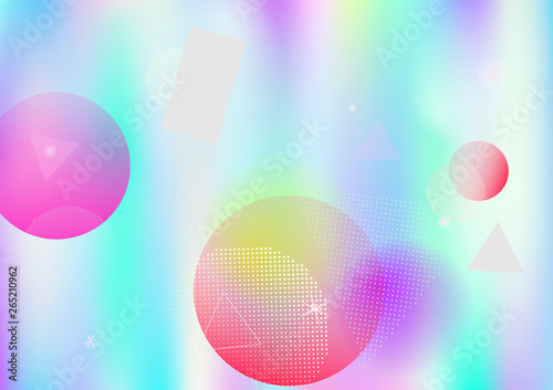 Holographic simple memphis vector background. Gradient unicorn horizontal color overlay. Minimal corporate identity geometric holograph pattern. Chaotic trendy bauhaus funky falling memphis layout.