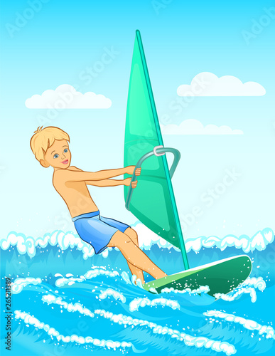 Windsurfer boy Windsurfing surface water sport vector illustration