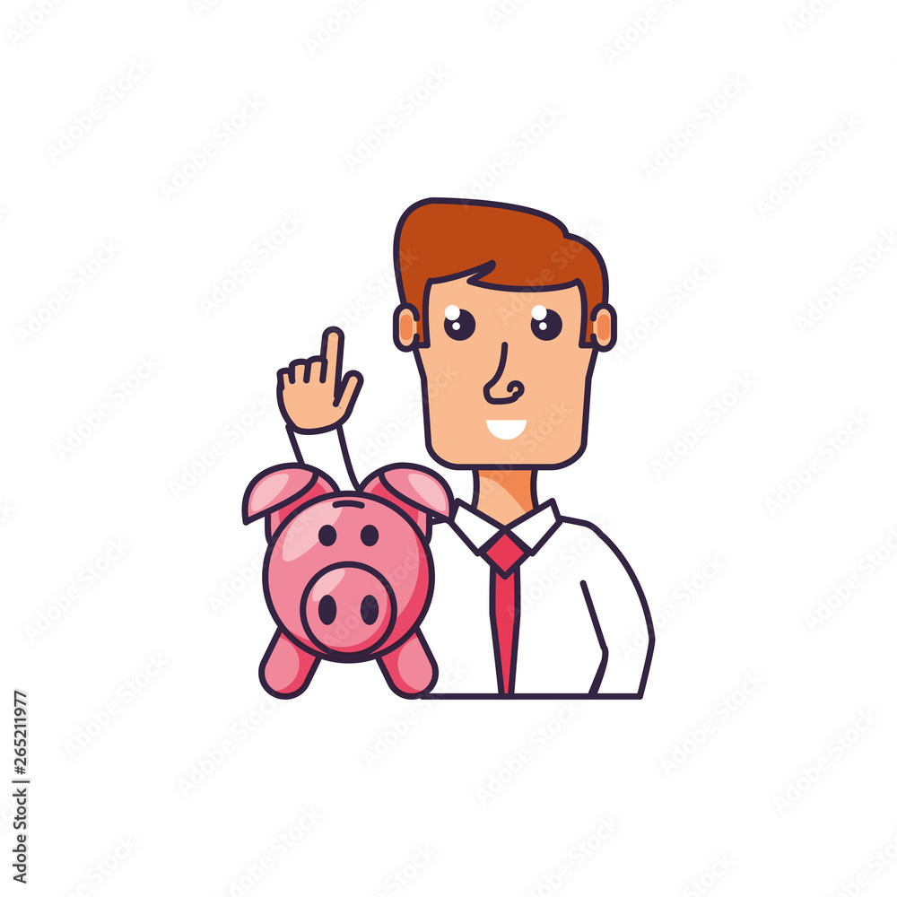 businessman elegant with hand up and piggy bank businessman elegant with hand up and piggy bank