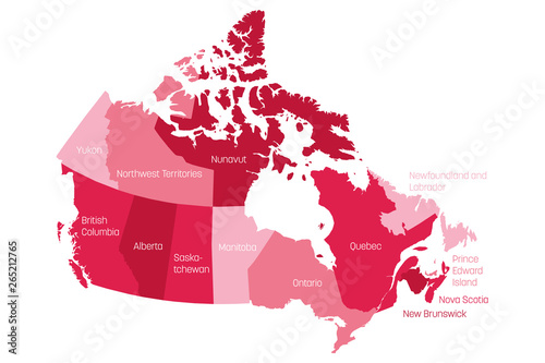 Fototapeta Map of Canada divided into 10 provinces and 3 territories