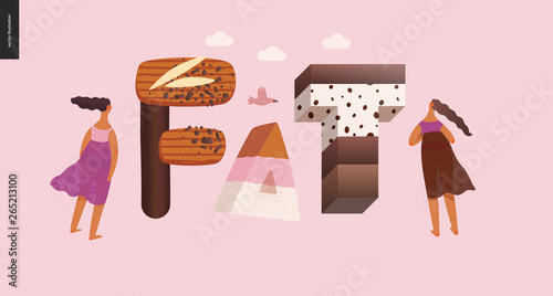 Dessert lettering - Fat - modern flat vector concept digital illustration of temptation font, sweet lettering and girls. Caramel, toffee, biscuit, waffle, cookie, cream and chocolate letters