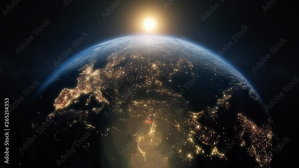 Planet earth from space. Beautiful sunrise world skyline. Planet earth rotating animation. Clip contains space, planet, galaxy, stars, cosmos, sea, earth, sunset, globe. 4k 3D Render. Images from NASA